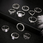 Conjunto de 11 Anéis Boémios Retro com Totens, Opala, Flor de Lótus, Cristal e Vazados