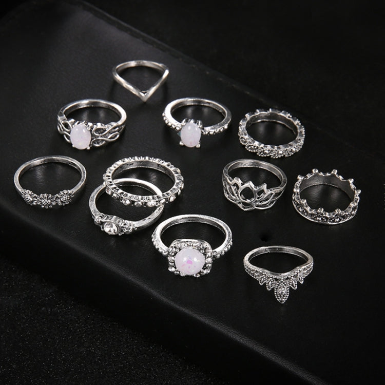 Conjunto de 11 Anéis Boémios Retro com Totens, Opala, Flor de Lótus, Cristal e Vazados
