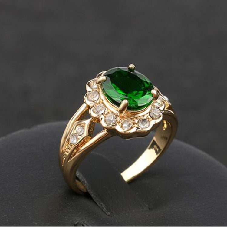 Anel vintage oval com gema verde e diamante, tamanho 10