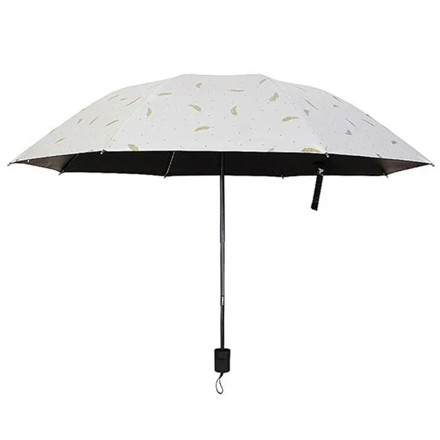 Guarda-chuva com Padrão de Penas, Uso Duplo, Três Dobras, Controlo Manual, Protetor Solar e Chuva Portátil, Guarda-sol à Prova de Vento