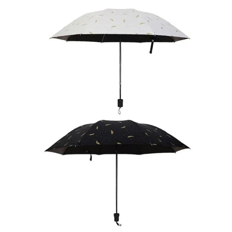 Guarda-chuva com Padrão de Penas, Uso Duplo, Três Dobras, Controlo Manual, Protetor Solar e Chuva Portátil, Guarda-sol à Prova de Vento