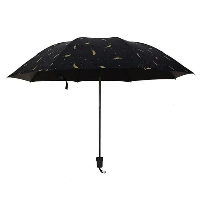 Guarda-chuva com Padrão de Penas, Uso Duplo, Três Dobras, Controlo Manual, Protetor Solar e Chuva Portátil, Guarda-sol à Prova de Vento