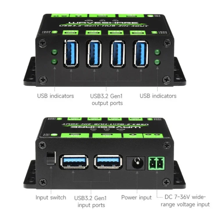 Waveshare 23929 USB HUB, Extensão de 4 Portas USB 3.2, Hosts Duplos com Comutação, Multi Proteções, 23929