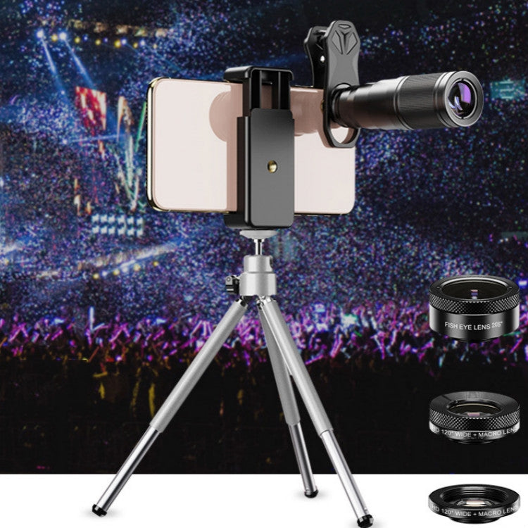 Conjunto de lentes externas universais para telemóvel APEXEL APL-22X105 4 em 1 em metal 22X telefoto + olho de peixe + grande angular + macro polarização de luz estelar