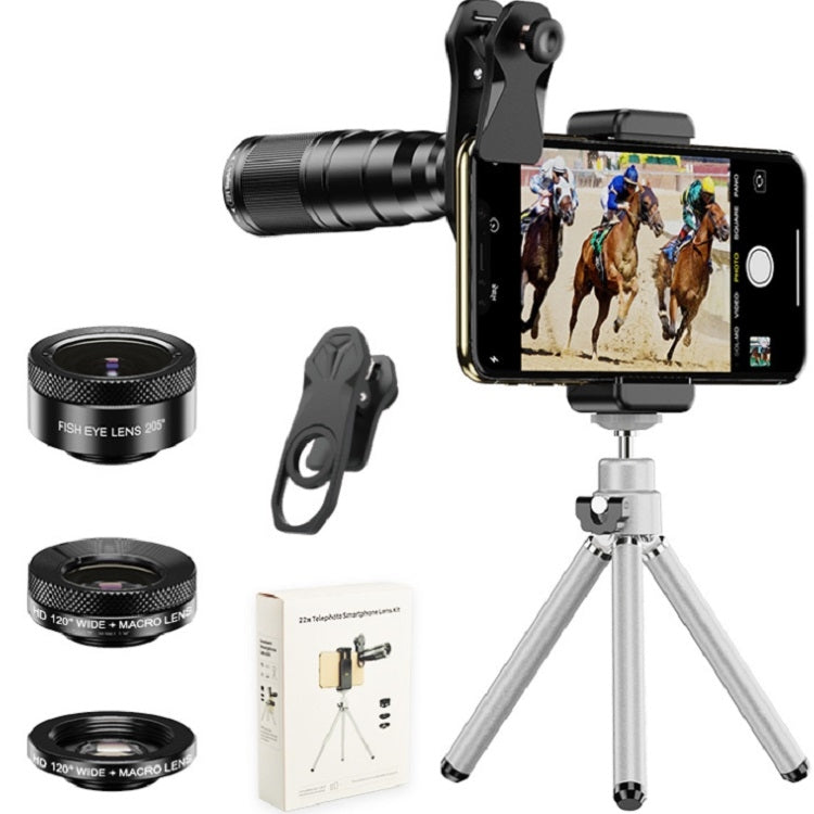 Conjunto de lentes externas universais para telemóvel APEXEL APL-22X105 4 em 1 em metal 22X telefoto + olho de peixe + grande angular + macro polarização de luz estelar