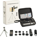 Conjunto de lentes externas universais para telemóvel APEXEL APL-22X105 4 em 1 em metal 22X telefoto + olho de peixe + grande angular + macro polarização de luz estelar