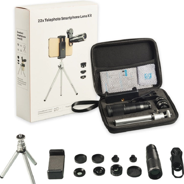 Conjunto de lentes externas universais para telemóvel APEXEL APL-22X105 4 em 1 em metal 22X telefoto + olho de peixe + grande angular + macro polarização de luz estelar