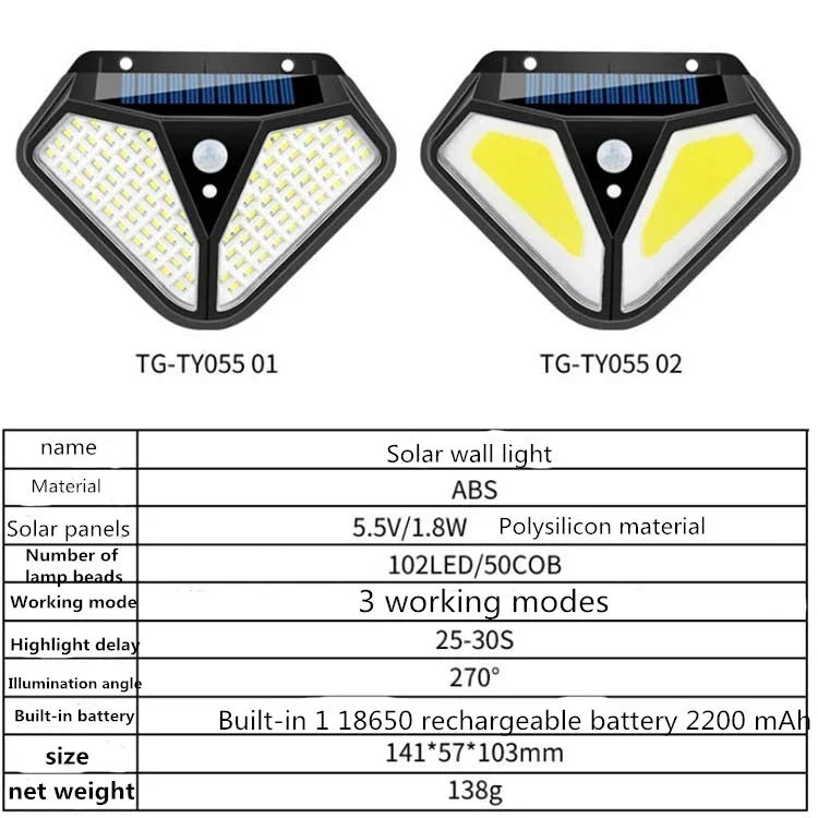 Lâmpada de parede solar com corpo de indução, lâmpada de jardim, vila, iluminação exterior impermeável, lâmpada de rua, 102 LED