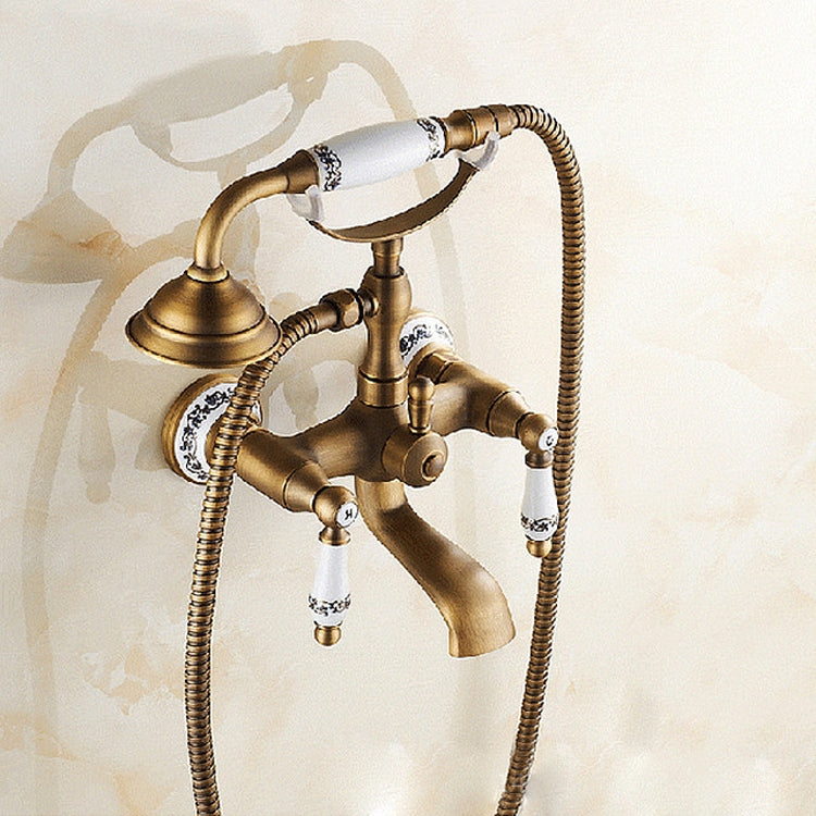 Torneira de banheira de parede em latão antigo com duplo manípulo cerâmico, chuveiro de mão estilo telefone azul e branco, chuveiro de telefone + suporte fixo, chuveiro de telefone + suporte fixo azul e branco