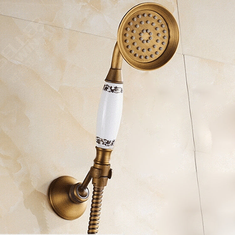 Torneira de banheira de parede em latão antigo com duplo manípulo cerâmico, chuveiro de mão estilo telefone azul e branco, chuveiro de telefone + suporte fixo, chuveiro de telefone + suporte fixo azul e branco