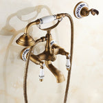 Torneira de banheira de parede em latão antigo com duplo manípulo cerâmico, chuveiro de mão estilo telefone azul e branco, chuveiro de telefone + suporte fixo, chuveiro de telefone + suporte fixo azul e branco