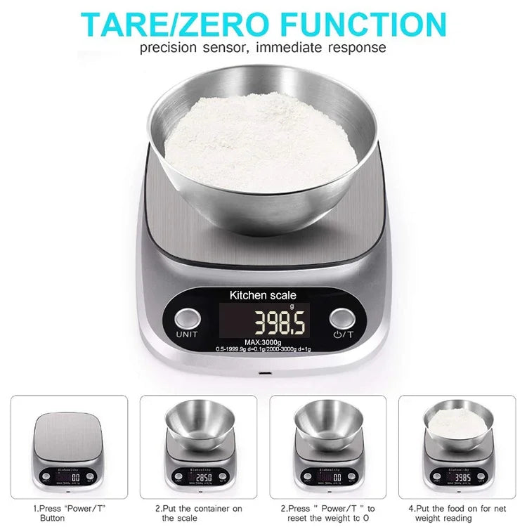 Balança Electrónica LCD de Cozinha em Aço Inoxidável, 10kg / 1g
