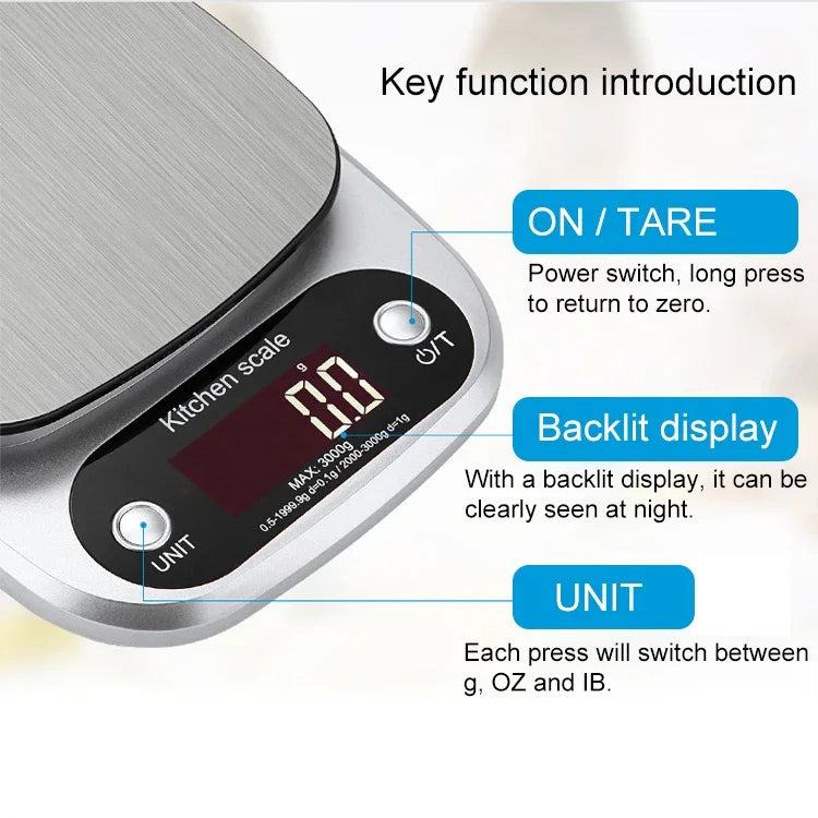BOH-C305 Balança Eletrónica LCD de Cozinha em Aço Inoxidável, Especificação: 3kg/0.1g, 3kg/0.1g