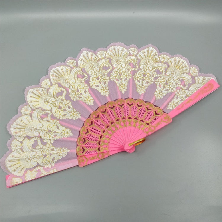 Leque Dobrável de Plástico Estilo Espanhol com Renda de Pavão para Senhora, Leque Dourado, 23x42cm