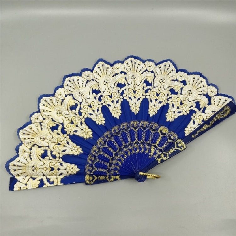 Leque Dobrável de Plástico Estilo Espanhol com Renda de Pavão para Senhora, Leque Dourado, 23x42cm