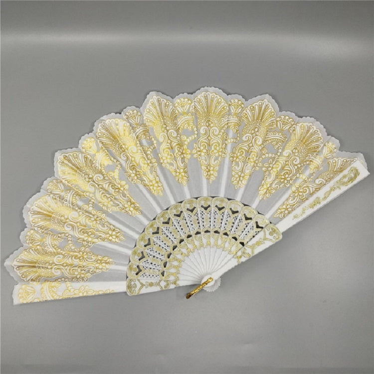 Leque Dobrável de Plástico Estilo Espanhol com Renda de Pavão para Senhora, Leque Dourado, 23x42cm