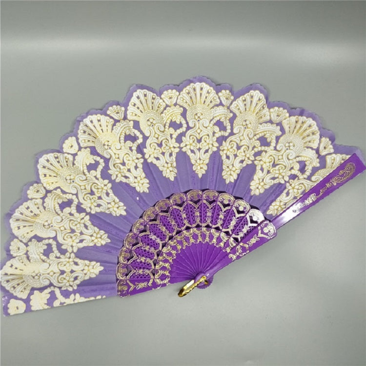 Leque Dobrável de Plástico Estilo Espanhol com Renda de Pavão para Senhora, Leque Dourado, 23x42cm