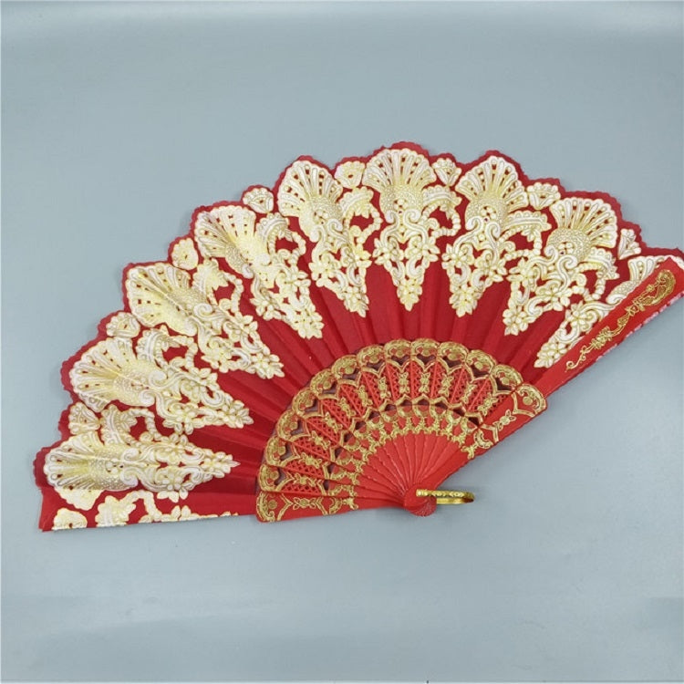 Leque Dobrável de Plástico Estilo Espanhol com Renda de Pavão para Senhora, Leque Dourado, 23x42cm