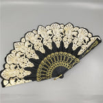 Leque Dobrável de Plástico Estilo Espanhol com Renda de Pavão para Senhora, Leque Dourado, 23x42cm