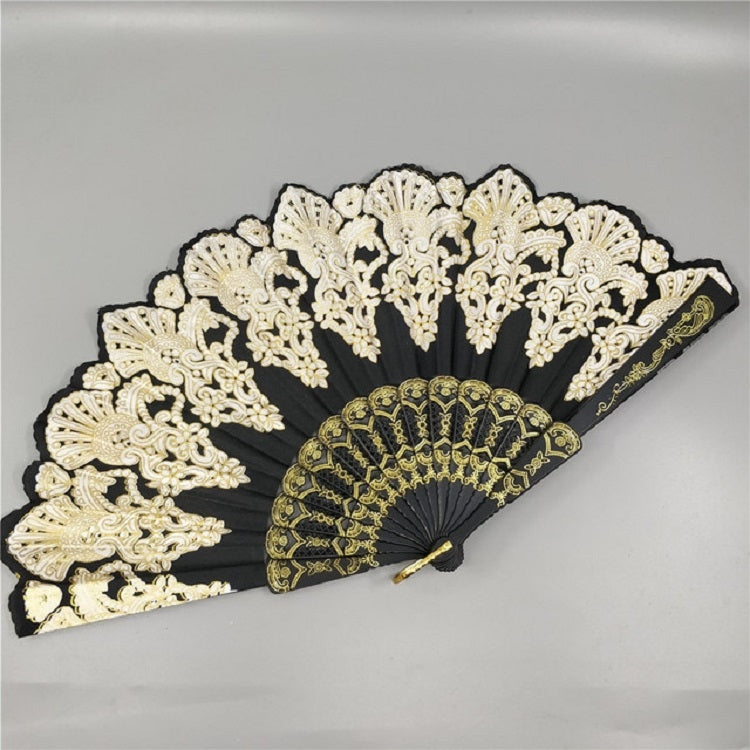 Leque Dobrável de Plástico Estilo Espanhol com Renda de Pavão para Senhora, Leque Dourado, 23x42cm