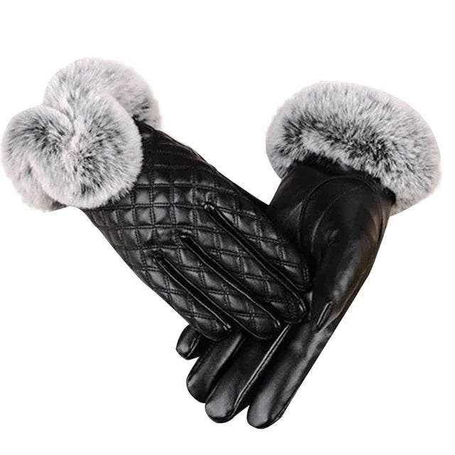 Luvas Femininas em Pele PU com Pelo Imitado de Coelho Quentes e Grossas para Inverno e Outono