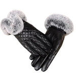 Luvas Femininas em Pele PU com Pelo Imitado de Coelho Quentes e Grossas para Inverno e Outono