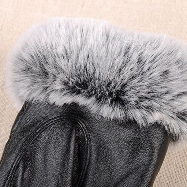 Luvas Femininas em Pele PU com Pelo Imitado de Coelho Quentes e Grossas para Inverno e Outono