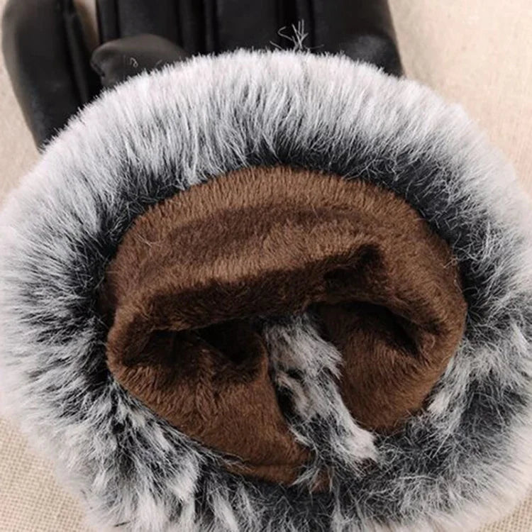 Luvas Femininas em Pele PU com Pelo Imitado de Coelho Quentes e Grossas para Inverno e Outono