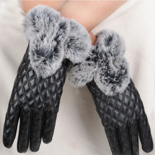 Luvas Femininas em Pele PU com Pelo Imitado de Coelho Quentes e Grossas para Inverno e Outono