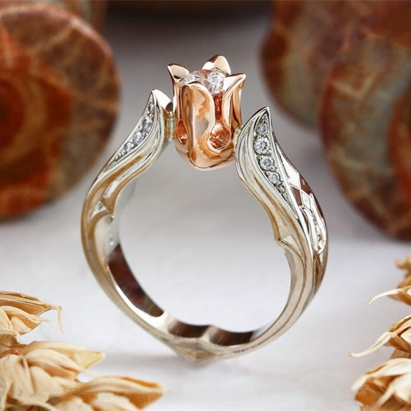 Anel de casamento com flor de rosa e diamante para mulher, tamanhos 5, 8, 10