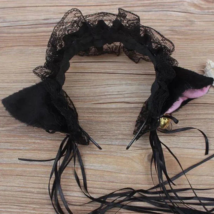 Faixa de Cabelo com Orelhas de Gato de Renda Adorável Acessório de Cabelo Feminino