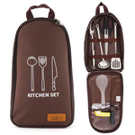 Conjunto de Utensílios de Cozinha 7 em 1 CLS 201 em Aço Inoxidável para Exterior, Conjunto de Cozinha para Piquenique, Mala Portátil para Piquenique, 7 em 1 Café, 7 em 1 Padrão Triangular