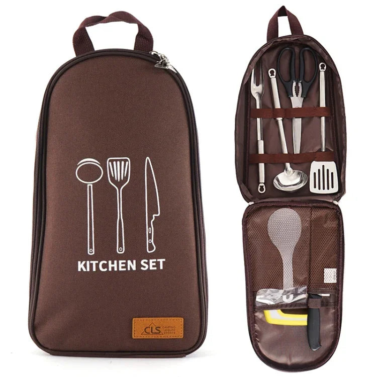 Conjunto de Utensílios de Cozinha 7 em 1 CLS 201 em Aço Inoxidável para Exterior, Conjunto de Cozinha para Piquenique, Mala Portátil para Piquenique, 7 em 1 Café, 7 em 1 Padrão Triangular