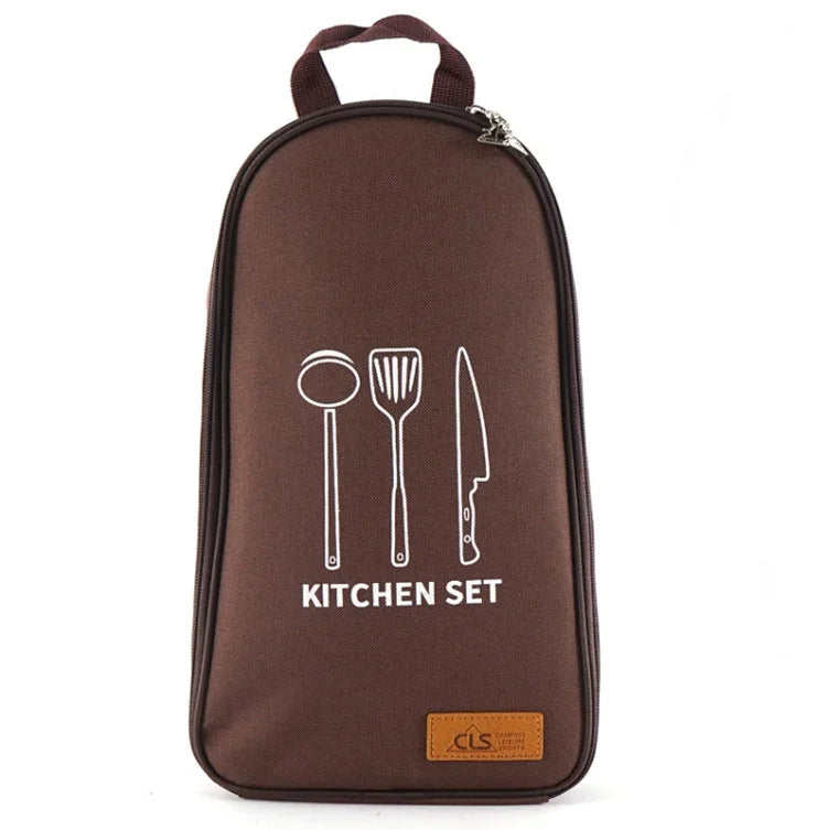 Conjunto de Utensílios de Cozinha 7 em 1 CLS 201 em Aço Inoxidável para Exterior, Conjunto de Cozinha para Piquenique, Mala Portátil para Piquenique, 7 em 1 Café, 7 em 1 Padrão Triangular