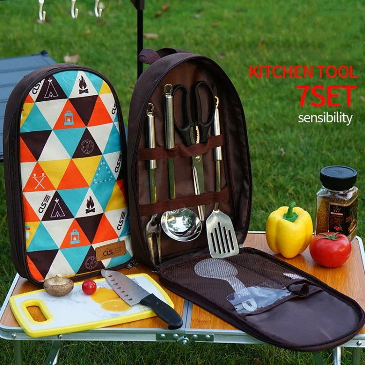 Conjunto de Utensílios de Cozinha 7 em 1 CLS 201 em Aço Inoxidável para Exterior, Conjunto de Cozinha para Piquenique, Mala Portátil para Piquenique, 7 em 1 Café, 7 em 1 Padrão Triangular