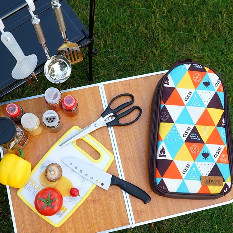Conjunto de Utensílios de Cozinha 7 em 1 CLS 201 em Aço Inoxidável para Exterior, Conjunto de Cozinha para Piquenique, Mala Portátil para Piquenique, 7 em 1 Café, 7 em 1 Padrão Triangular