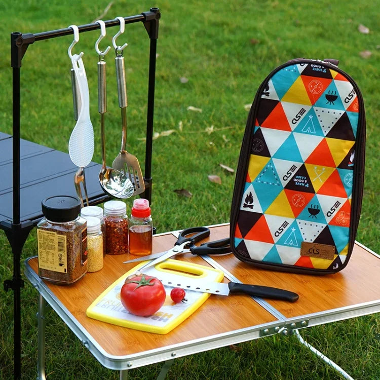 Conjunto de Utensílios de Cozinha 7 em 1 CLS 201 em Aço Inoxidável para Exterior, Conjunto de Cozinha para Piquenique, Mala Portátil para Piquenique, 7 em 1 Café, 7 em 1 Padrão Triangular