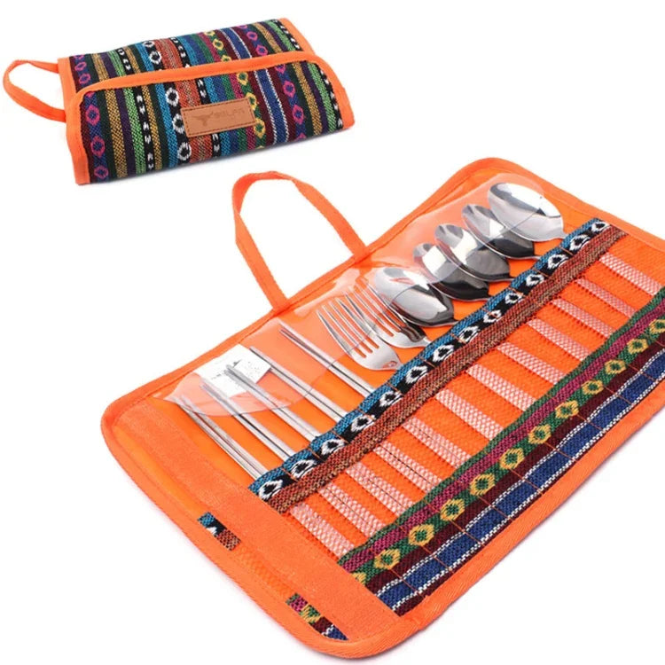 Conjunto de 12 Peças de Talheres para Exterior, Pauzinhos, Faca, Garfo e Colher em Aço Inoxidável Portáteis para Camping, Bolsa para Piquenique