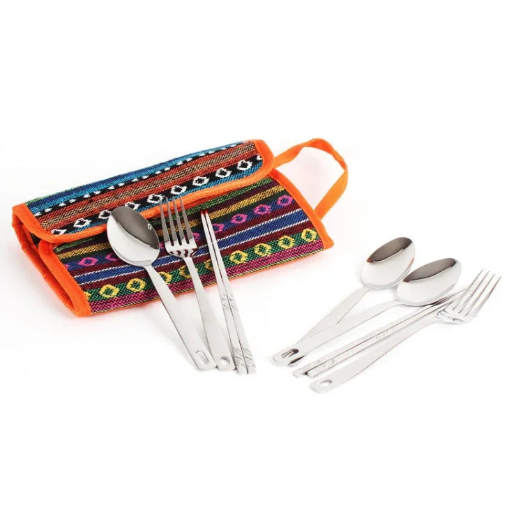 Conjunto de 12 Peças de Talheres para Exterior, Pauzinhos, Faca, Garfo e Colher em Aço Inoxidável Portáteis para Camping, Bolsa para Piquenique