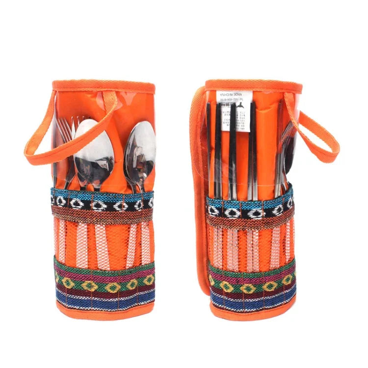 Conjunto de 12 Peças de Talheres para Exterior, Pauzinhos, Faca, Garfo e Colher em Aço Inoxidável Portáteis para Camping, Bolsa para Piquenique