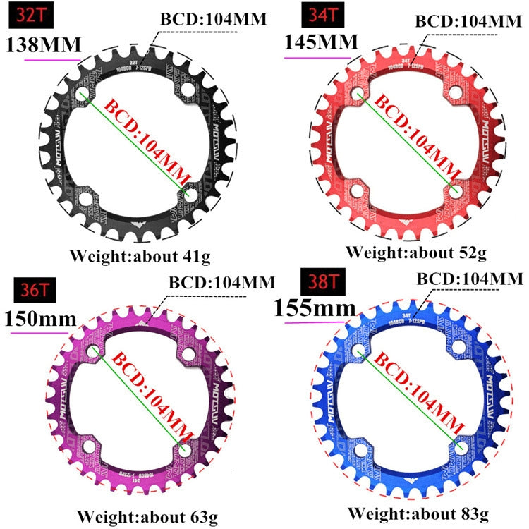 MOTSUV Placa de Dentes Redonda Estreita Larga para MTB Bicicleta 104BCD, Disco 32T, Disco 34T, Disco 36T, Disco 38T, Placa Elíptica 32T, Placa Elíptica 34T, Placa Elíptica 36T, Placa Elíptica 38T
