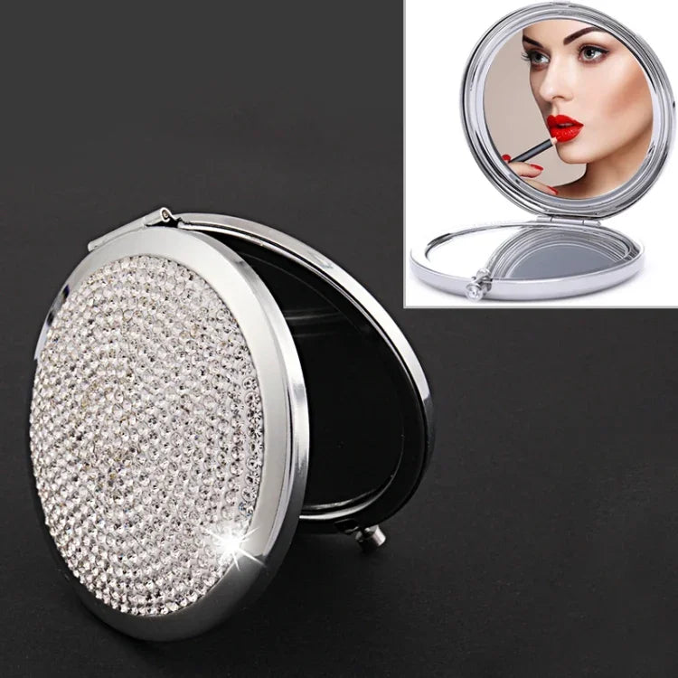 Espelho Pequeno Redondo Dobrável Dupla Face em Metal com Diamantes Mini Portátil, Branco, Vermelho, Rosa, Azul Céu, Verde, Cor Branco, Preto Brilhante