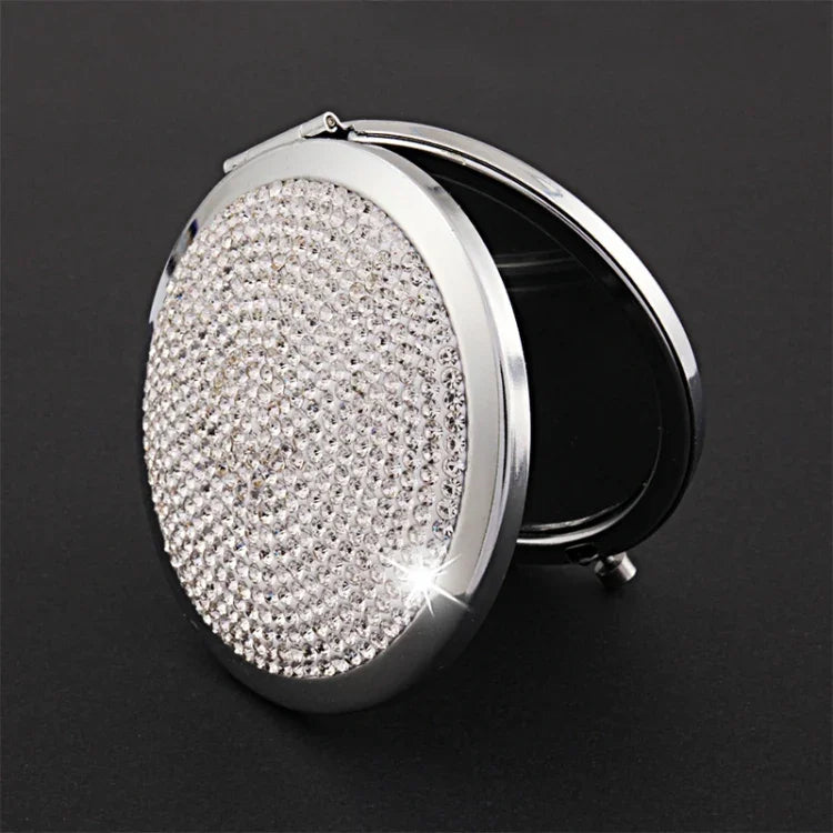 Espelho Pequeno Redondo Dobrável Dupla Face em Metal com Diamantes Mini Portátil, Branco, Vermelho, Rosa, Azul Céu, Verde, Cor Branco, Preto Brilhante