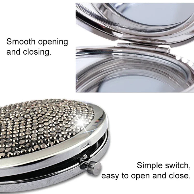 Espelho Pequeno Redondo Dobrável Dupla Face em Metal com Diamantes Mini Portátil, Branco, Vermelho, Rosa, Azul Céu, Verde, Cor Branco, Preto Brilhante