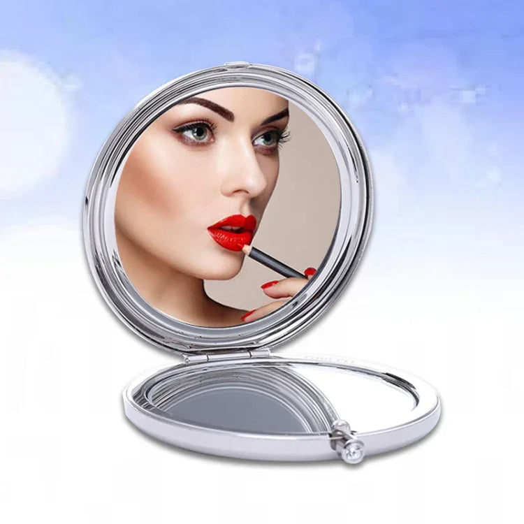 Espelho Pequeno Redondo Dobrável Dupla Face em Metal com Diamantes Mini Portátil, Branco, Vermelho, Rosa, Azul Céu, Verde, Cor Branco, Preto Brilhante