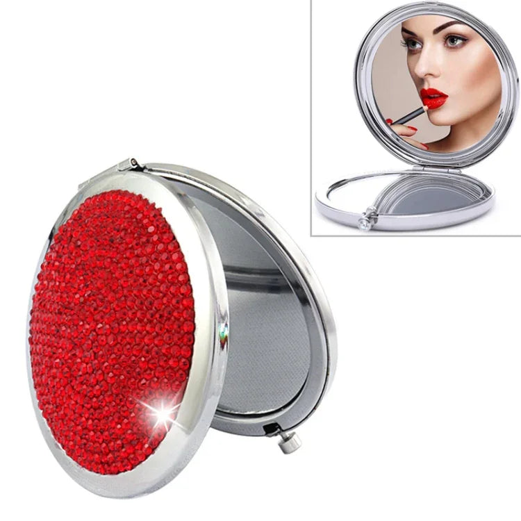 Espelho Pequeno Redondo Dobrável Dupla Face em Metal com Diamantes Mini Portátil, Branco, Vermelho, Rosa, Azul Céu, Verde, Cor Branco, Preto Brilhante