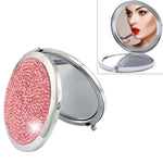Espelho Pequeno Redondo Dobrável Dupla Face em Metal com Diamantes Mini Portátil, Branco, Vermelho, Rosa, Azul Céu, Verde, Cor Branco, Preto Brilhante