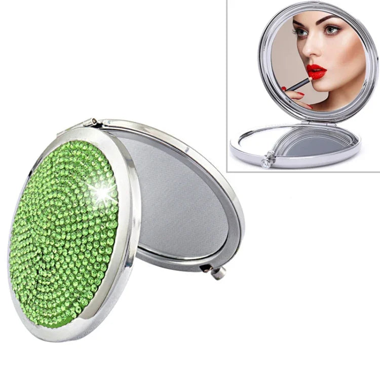 Espelho Pequeno Redondo Dobrável Dupla Face em Metal com Diamantes Mini Portátil, Branco, Vermelho, Rosa, Azul Céu, Verde, Cor Branco, Preto Brilhante