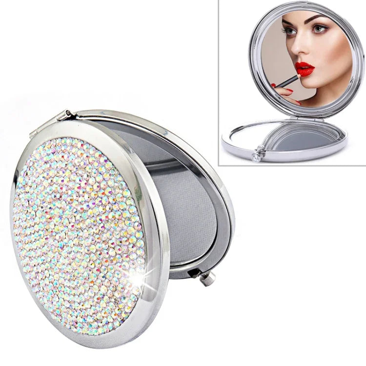 Espelho Pequeno Redondo Dobrável Dupla Face em Metal com Diamantes Mini Portátil, Branco, Vermelho, Rosa, Azul Céu, Verde, Cor Branco, Preto Brilhante