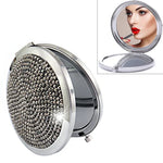 Espelho Pequeno Redondo Dobrável Dupla Face em Metal com Diamantes Mini Portátil, Branco, Vermelho, Rosa, Azul Céu, Verde, Cor Branco, Preto Brilhante